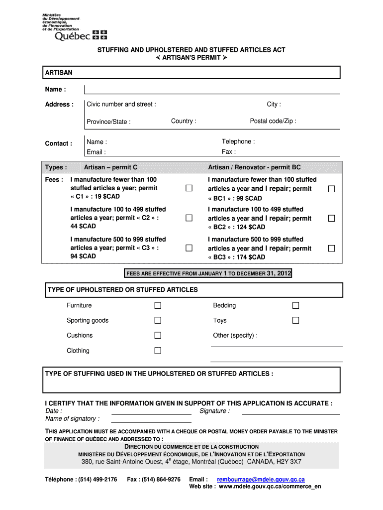  Quebec Upholstered and Stuffed Articles Registration Form 2012-2024