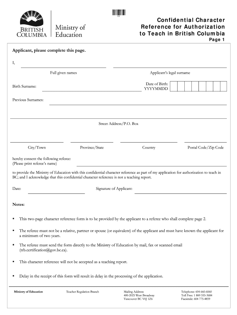 Confidential Character Reference for Authorization to Teach in Bc Form
