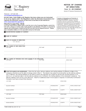 Form 10 Notice of Change of Directors BC Registry Services Bcregistryservices Gov Bc