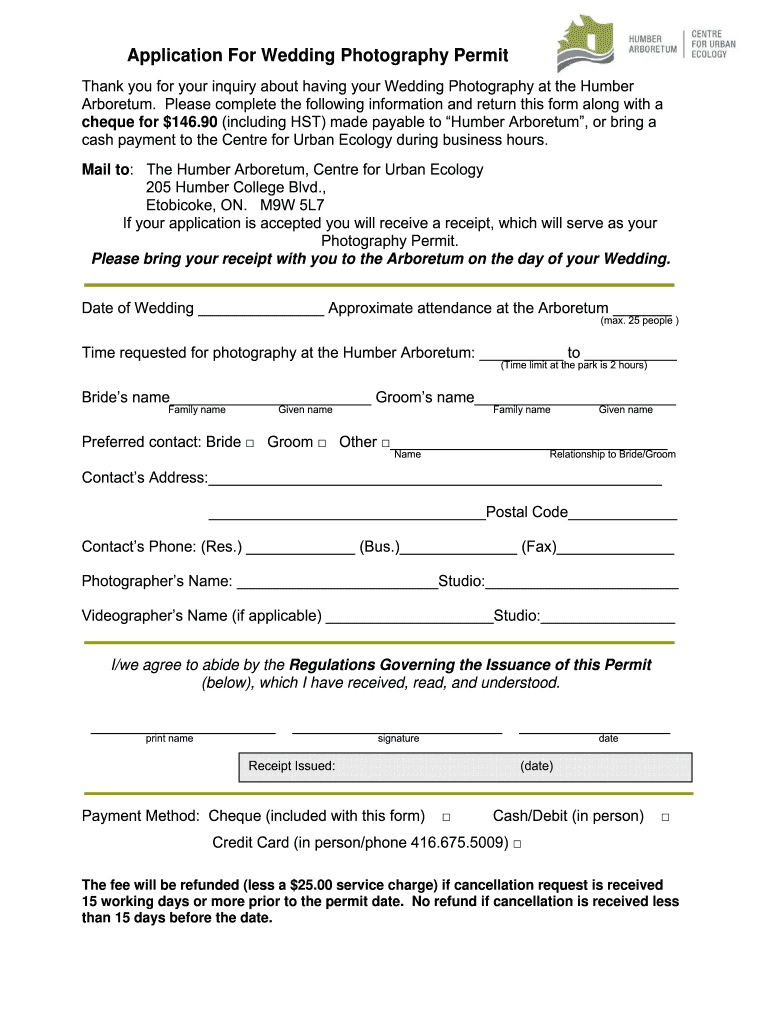 Application for Wedding Photography Permit  Form