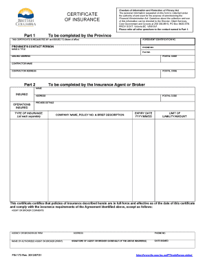 Fin 173 Certificate of Insurance Fillable  Form
