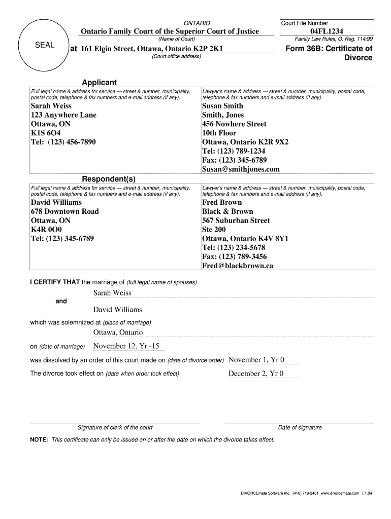 Divorce Certificate Ontario  Form