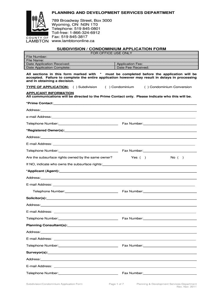 Subdivision Condominium Application Form  the County of Lambton 2011-2024