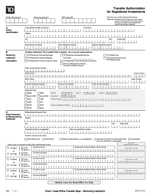 TD Bank Financial Group Transfer Authorization for Registered Investments Form 595172; External Transfer; Registered Account Tra