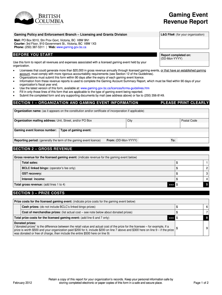 Gaming Account Summary Report  Form