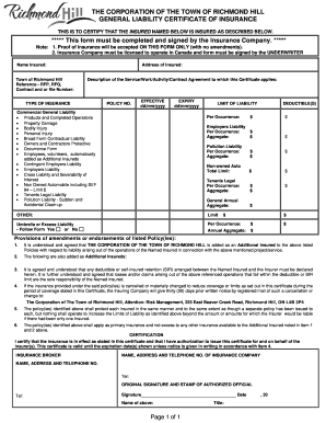 General Liability Insurance Certificate  Form