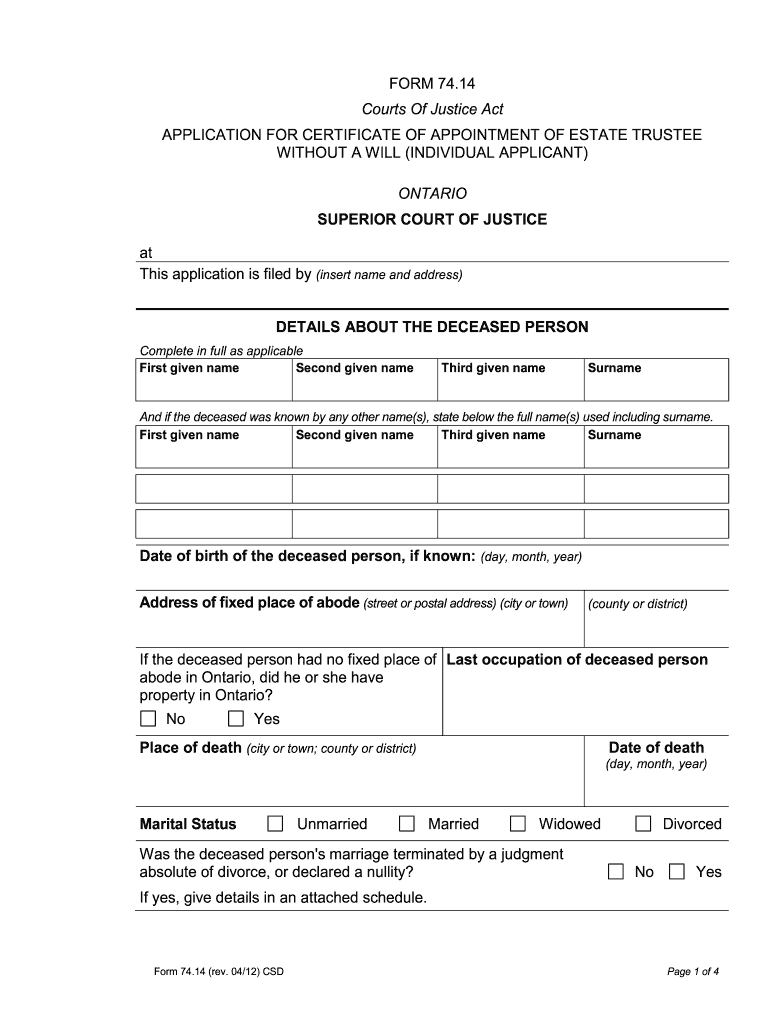  Form 74 14 Application for Certificate of Appointment of Estate Trustee 2012