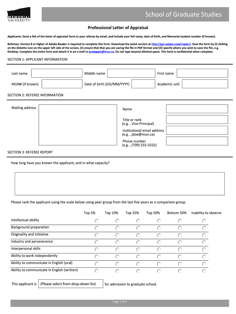 Memorial University Professional Letter of Appraisal  Form