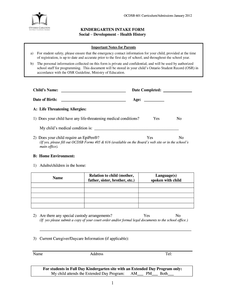 Kindergarten Intake Form