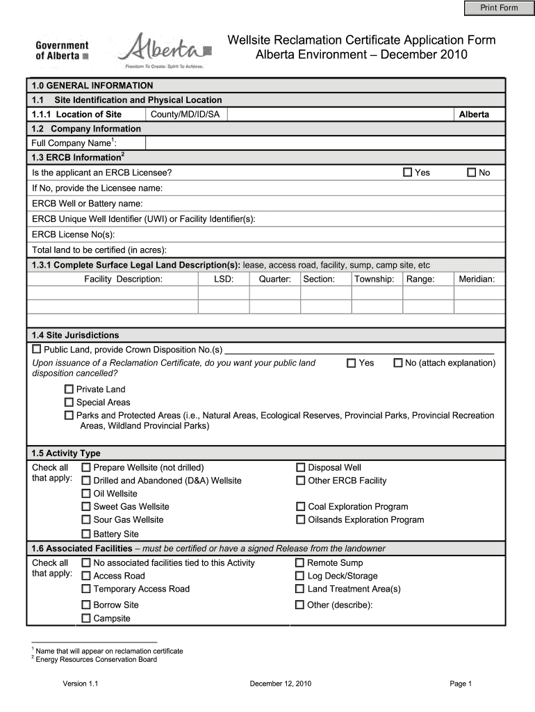 Wellsite Reclamation Certificate Application in Alberta Form