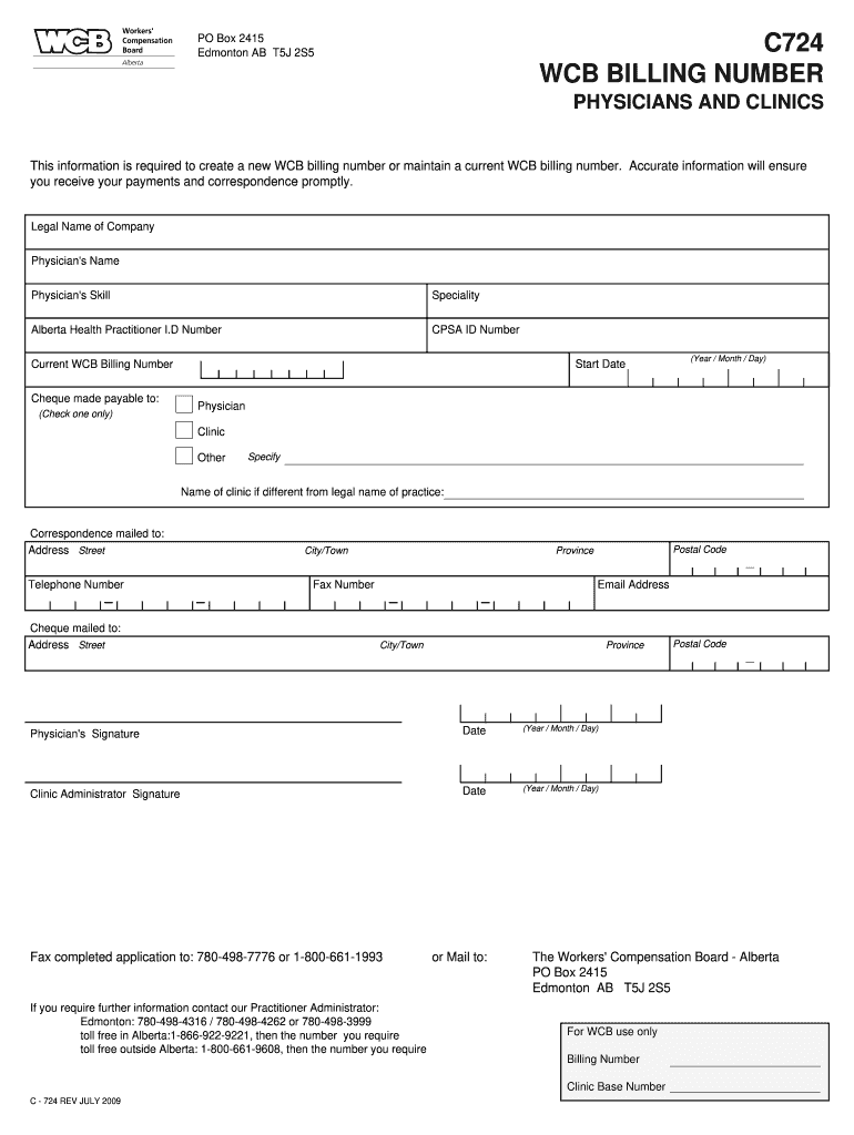  Wcb Billing Number Physician and Clinic C724 2009-2024