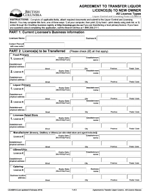 AGREEMENT to TRANSFER LIQUOR LICENCES to NEW OWNER Pssg Gov Bc  Form