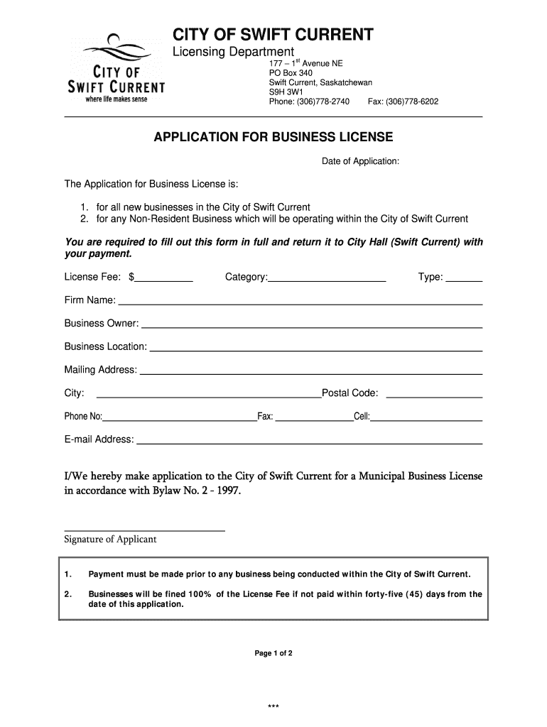 Get and Sign Business License Swift Current Form 2011