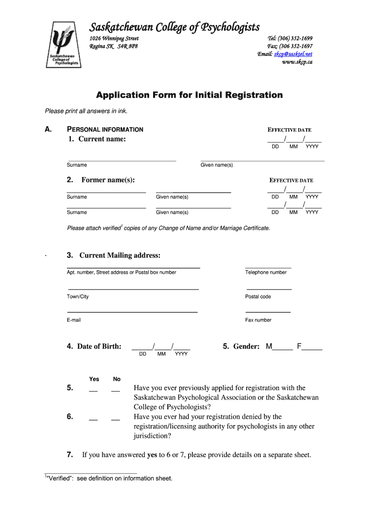 Application Form for Initial Registration  Saskatchewan College of