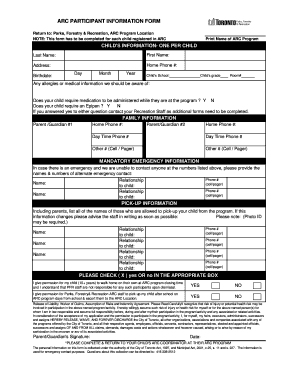 ARC PARTICIPANT INFORMATION FORM City of Toronto Toronto