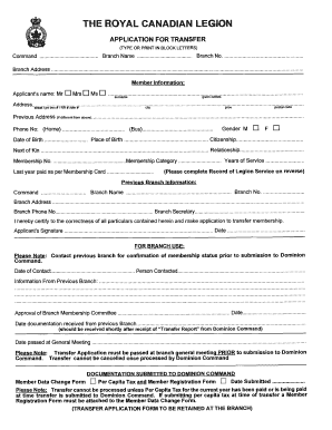 Application for Transfer Royal Canadian Legion  Form