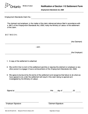 Notification of Settlement Section 112 Form