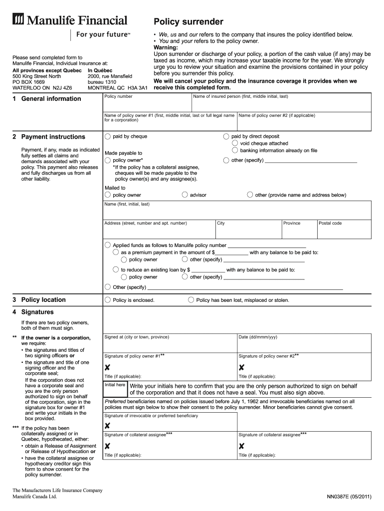  Manulife Financial Surrender Form 2011