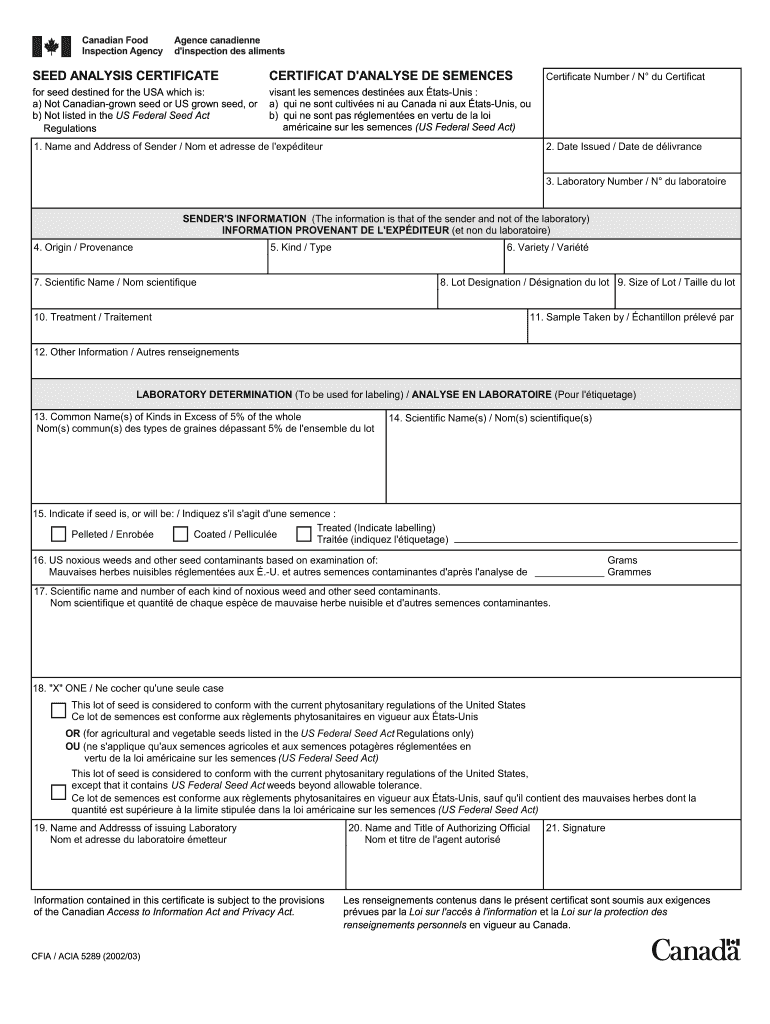  5289 SEED ANALYSIS CERTIFICATE CERTIFICAT D'ANALYSE DE SEMENCES  Inspection Gc 2002