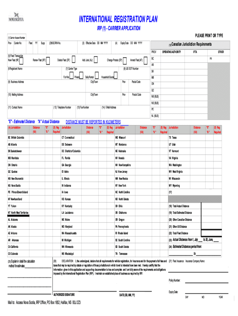 Nova Scotia Irp Registration  Form