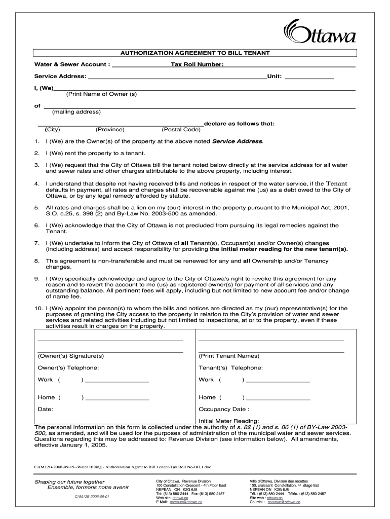  Tenant Application and Owner Authorization to Bill Tenant City of Ottawa  Form 2008