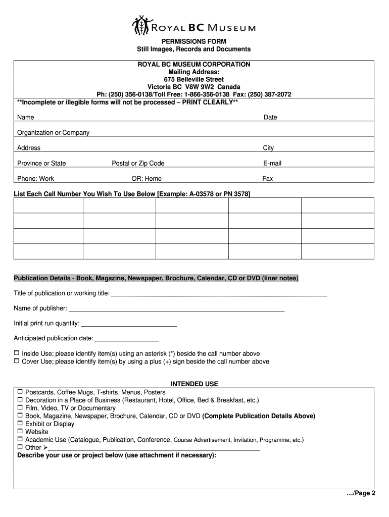 Application for Permission Form, Still Images and BC Archives