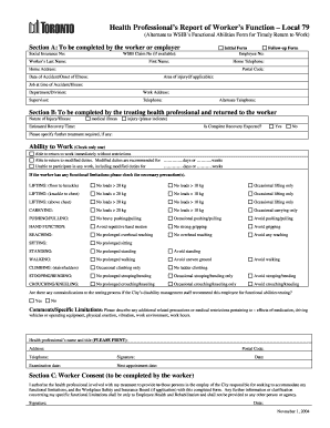 Health Professional&amp;#39;s Report of Worker&amp;#39;s Function City of Toronto  Form