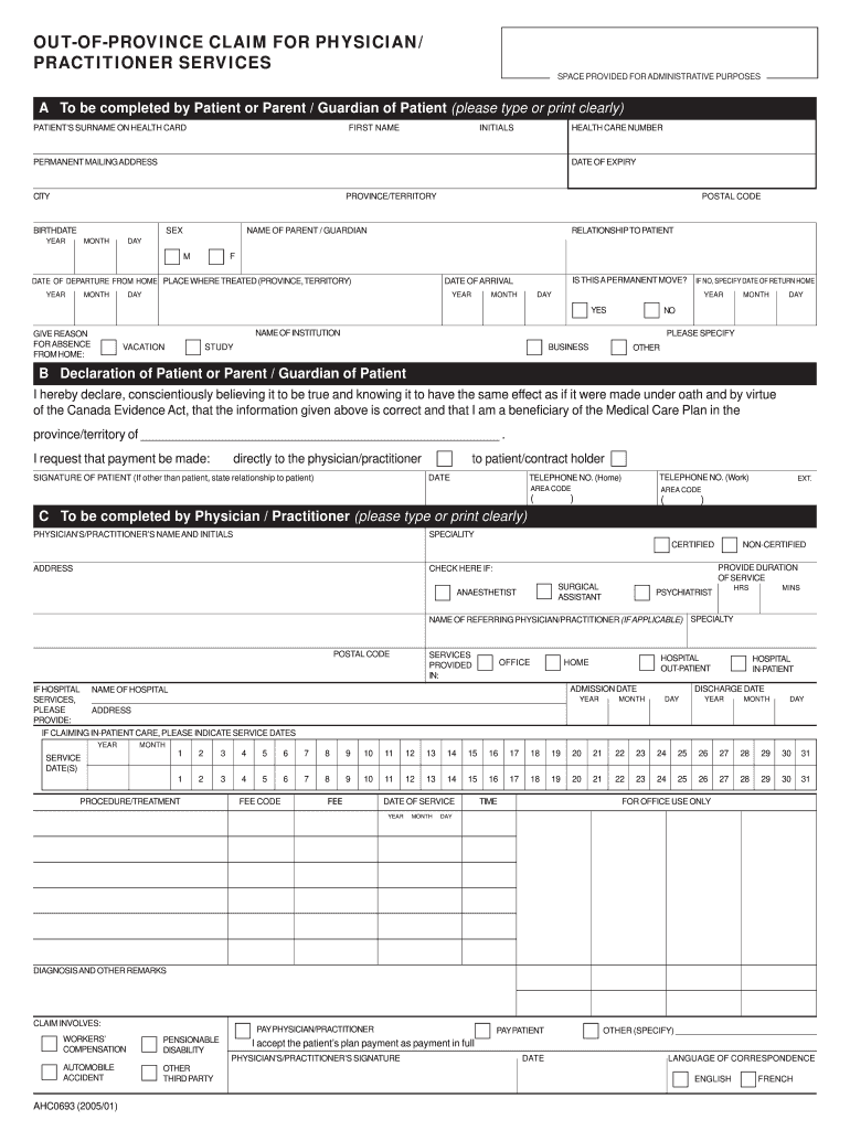 Out of Province Claim for Physician Practitioner Services  Form