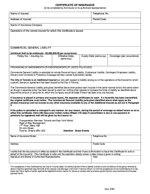 Get and Sign City of Toronto Certificate of Insurance 2005-2022 Form