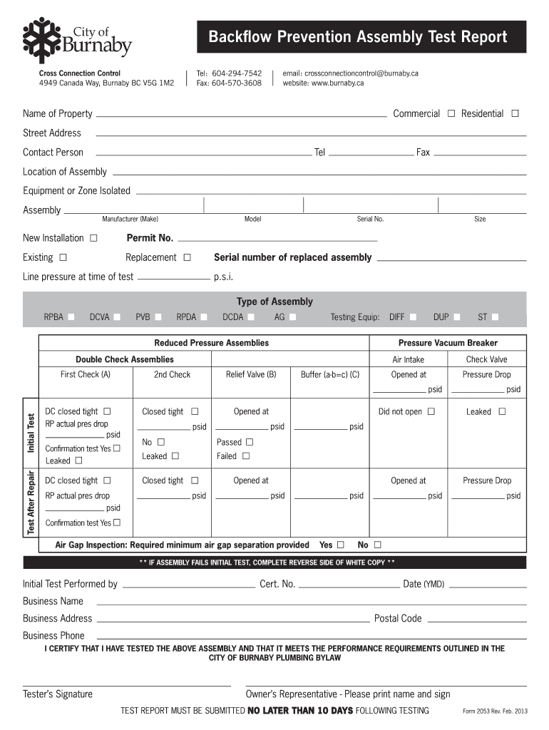 City of Burnaby Backflow Test Report  Form