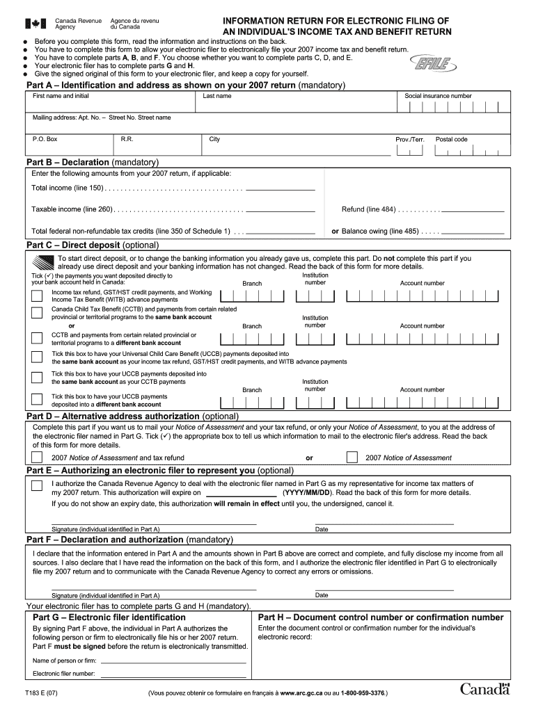  Cra T183 Fillable Form 2007