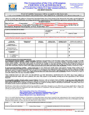 City of Brampton Subdivision Certificate of Insurance Form