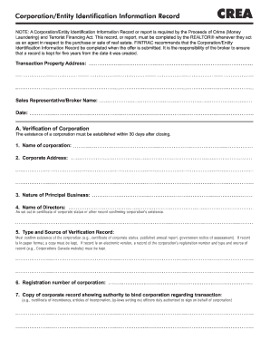 Crea Corporation Identification Information Record Fillable