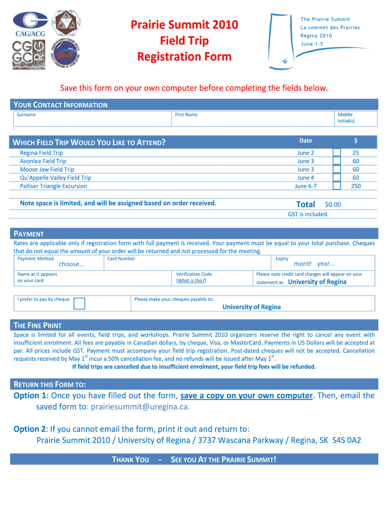 Prairie Summit Field Trip Registration Form University of Uregina