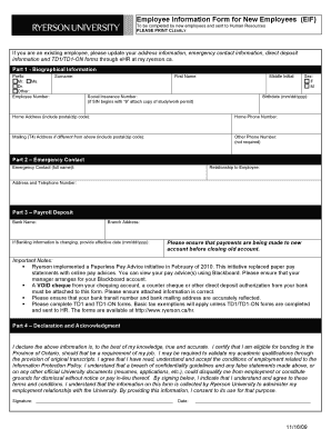 Employee Information Form for New Employees EIF Ryerson Ryerson