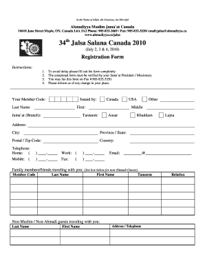 Registration Form Application Ahmadiyya Islam in Canada
