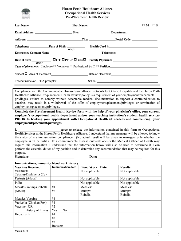  Pre Placement Health Review Form 2010-2024