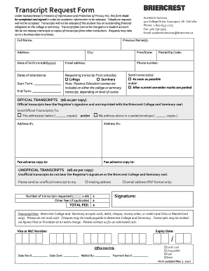 Briercrest Transcript Request Form