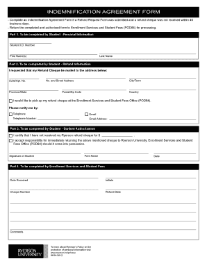 INDEMNIFICATION AGREEMENT FORM Ryerson University Ryerson