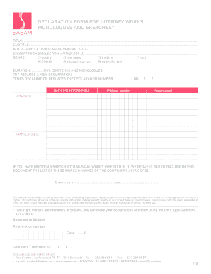 Declaration Form for Literary Works, Monologues and Sketches Sabam