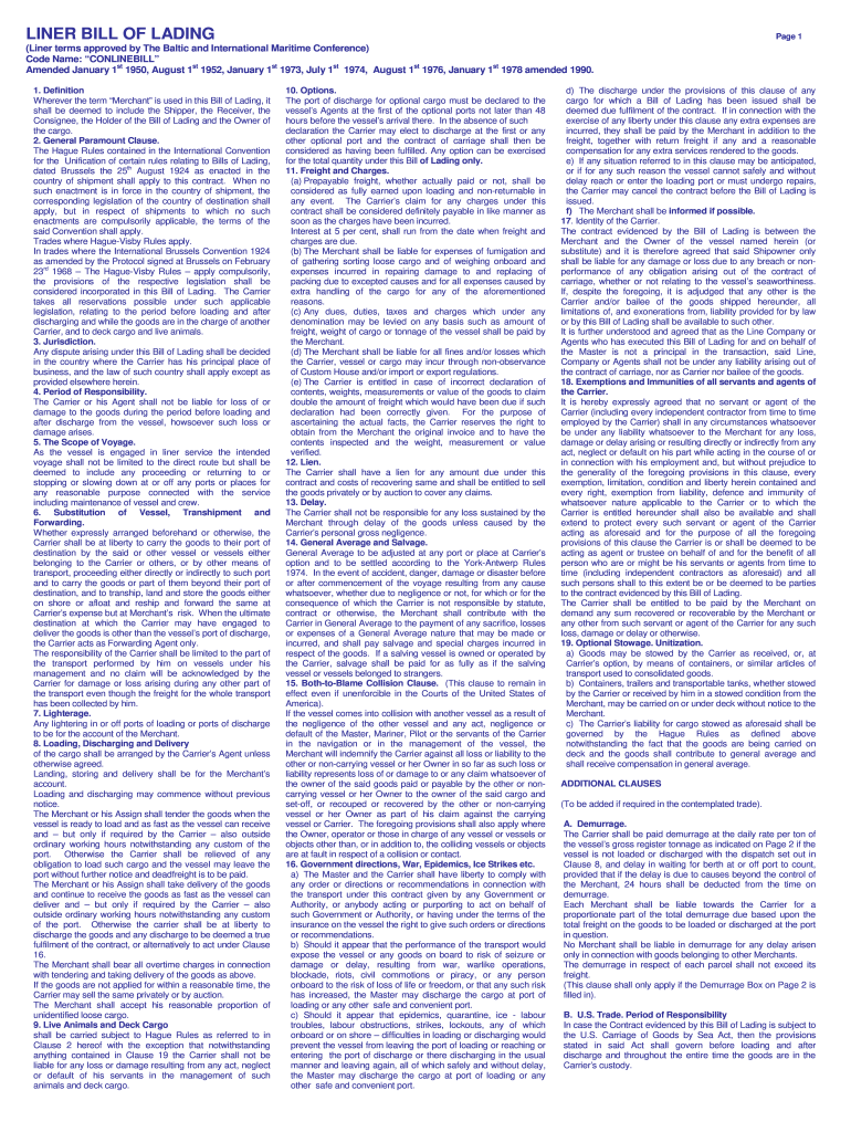 Conline Bill of Lading  Form