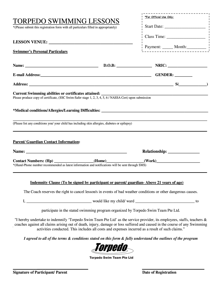  Application for Swimming Classes 2011