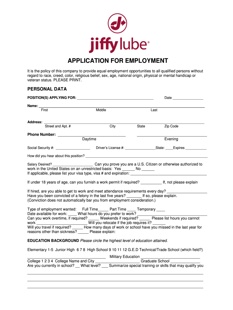 Jiffy Lube Application  Form