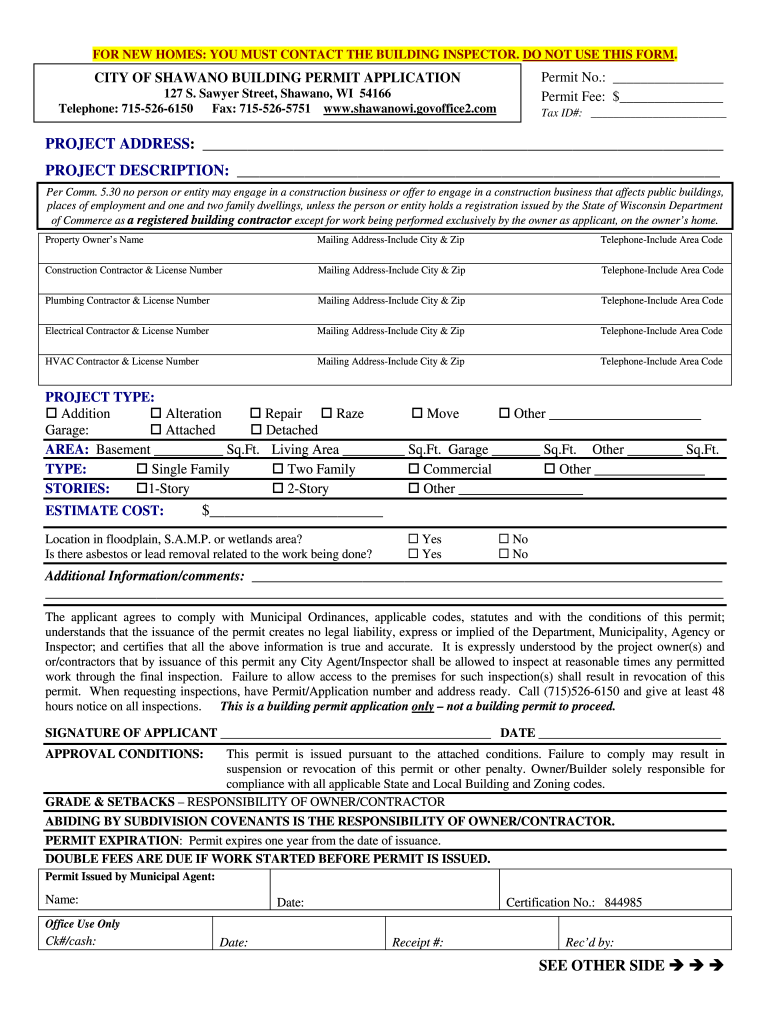 Shawano County Building Permits  Form