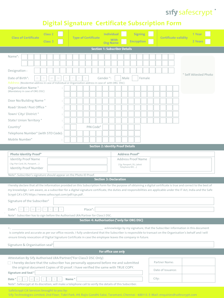 Digital Signature Certificate Form