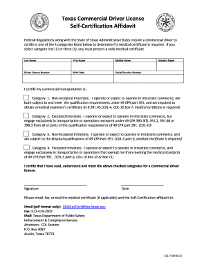 Texas Commercial Driver License Self Certification Affidavit  Form