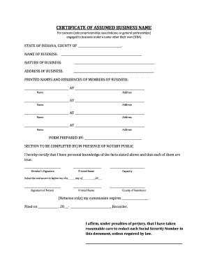 CERTIFICATE of ASSUMED BUSINESS NAME Madison County  Form