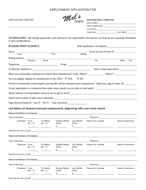 EMPLOYMENT APPLICATION for the Mel&amp;amp;#39;s Diner  Form