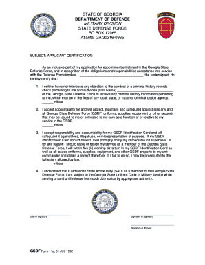 Ga State Defense Force ID Card  Form