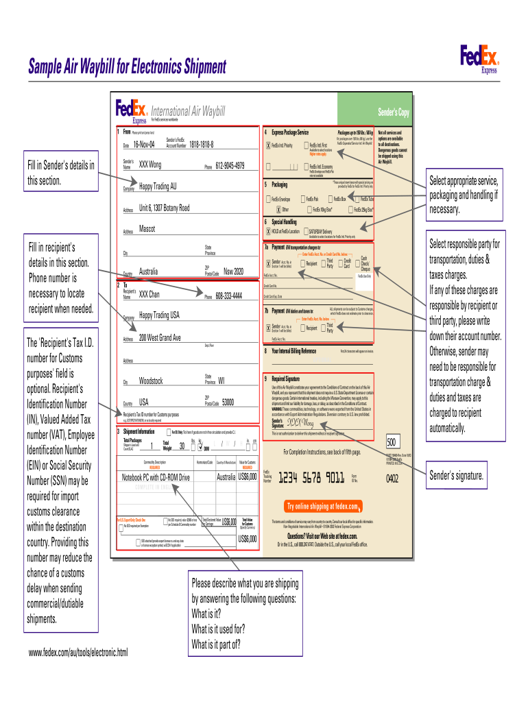 Fedex International Air Waybill Blank Form PDF